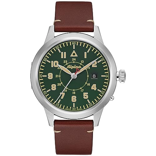Alpina Men's Startimer Swiss Automatic 3-Hand Stainless Steel Case with Brown Leather Strap Watch, Green Dial (Model: AL-525KBG4SH6)