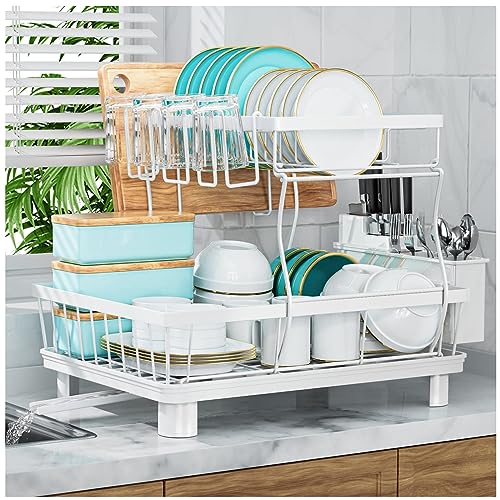 7 code Large Dish Drying Rack, 2-Tier Dish Racks for Kitchen Counter, Detachable Large Capacity Dish Drainer Organizer with Utensil Holder, Dish Drying Rack with Drain Board, White