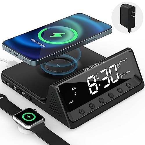 Alarm Clock for Heavy Sleepers Adults, Teenagers, Kids - Digital Clock with Wireless Charging, Dual Alarm(7-5-2), USB Charger, Dimmable, Calendar - Simple Loud Clocks for Bedrooms Dorm