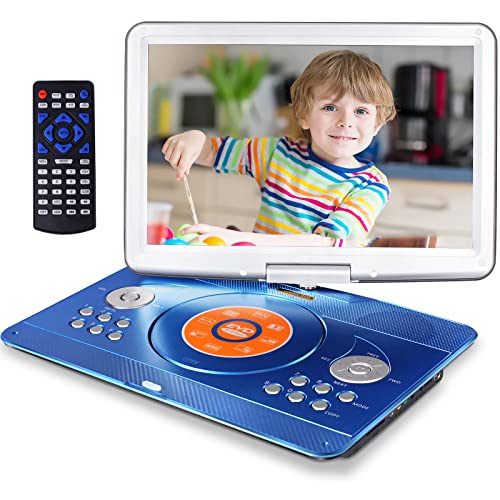 JEKERO 16.9' Portable Mobile DVD Player with 14.1' Large Swivel Screen with 6 Hrs Rechargeable Battery for Kids, Sync TV, Support USB SD Card with Car Charger (Blue)