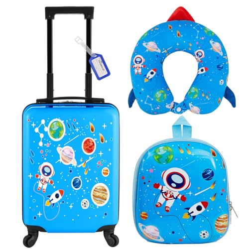 Sanwuta 4 Pieces Astronaut Luggage 18 Inch Kids Rolling Luggage for Boys Travel Rolling Suitcase with Gifts for Christmas Wheels Kids Luggage Set with Backpack Neck Pillow Name Tag