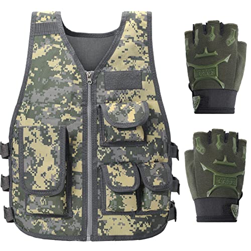 SATINIOR Kids Tactical Vest Army Combat Vest Outdoor with Half Finger Fingerless Short Gloves Breathable(Classic Style)