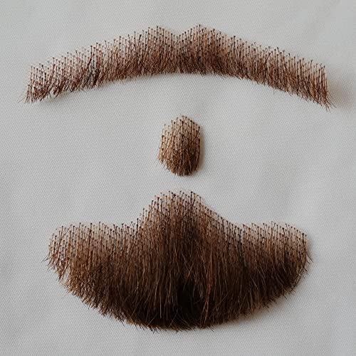 Justin Happy Human Hair Lace Based Fake Beard Brown Fake Mustache Fake Hair Realistic Moustache Fake Goatee Costume for Men(Brown)