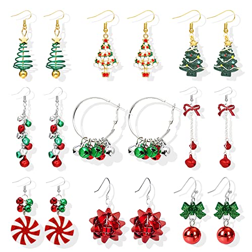 14 Pairs Christmas Earrings Set for Women Christmas Santa Claus Tree Wreath Bow Bell Bulb Stud Dangle Earrings Holiday Earrings for Girls… (9-Christmas earrings)