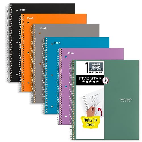 Five Star Spiral Notebooks, 6 Pack, 1 Subject, Graph Ruled Paper, Fights Ink Bleed, Water Resistant Cover, 8-1/2' x 11', 100 Sheets, Purple, Orange, Green, Blue, Gray, Black (73549)