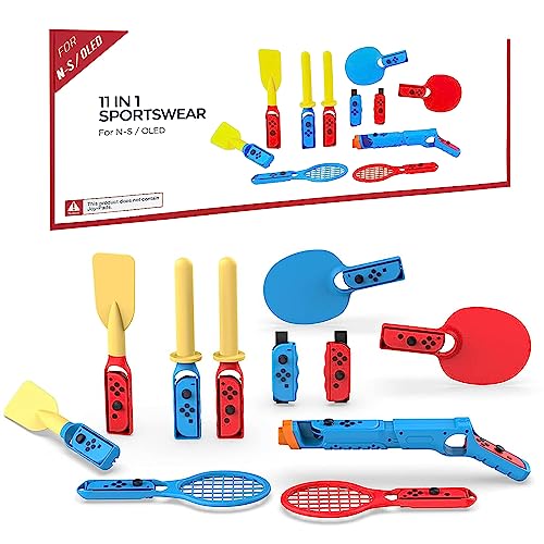 YOTOKAO Switch Sports Accessories Bundle 11 in 1 Compatible With 2023 Switch Oled Family Sports Games,Tennis Rackets,Table Tennis Bat,Swords,Paddles,Wrist Strap,Game Gun,For Joy Con Controller