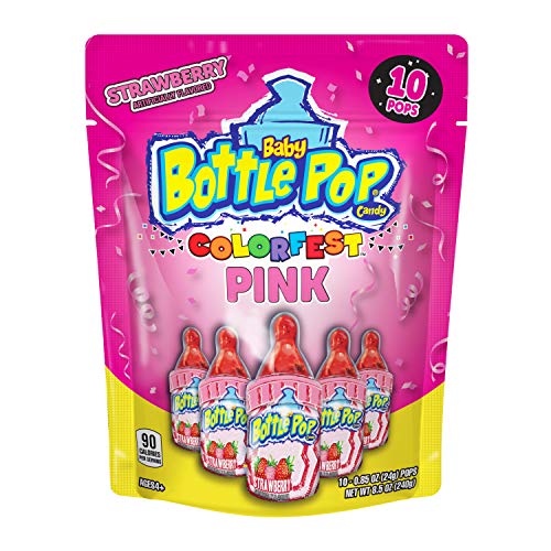 Baby Bottle Pop Christmas Candy Colorfest Individually Wrapped Pink Strawberry Party Pack – 10 Strawberry Lollipops w/ Powdered Sugar Dip - For Holiday Parties, Stocking Stuffers & Gender Reveals