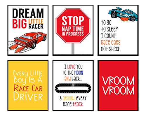 Dream Big Little Racer - Art Print Design Wall Room Home Bedroom Nursery Decor Wheel Set - Bright Race Hot Car (Set of Six) Poster Sign Picture