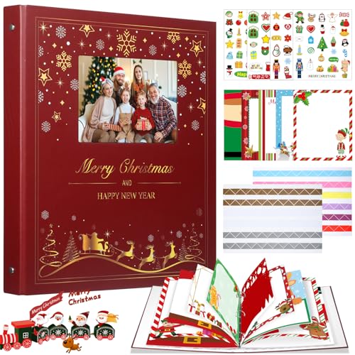 Jetec Christmas Photo Album Scrapbook 80 Page 12.5 x 10.8 x 2.1 Inch 3 Rings Removable Christmas Memory Book DIY Scrapbook Kit with Stickers Holds 4 x 6 5 x 7 8 x 10 Pictures for Family Kids Xmas Gift