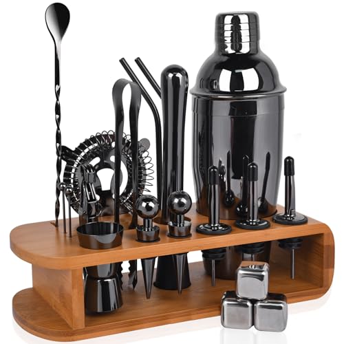 Carsolt Cocktail Shaker Set with Bamboo Stand, 26-Pieces Bartender Kit 25 oz Martini Bar Tools Set for Drink Mixing, Professional Stainless Steel Bar Tools Set Gift for Home, Bar, Party