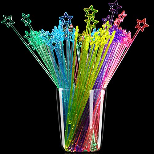 100 Pieces 9.1 Inch Swizzle Sticks Cocktail Stirrers Plastic for Bar Disposible Plastic Star Top Crystal Swizzle Sticks (Multicolor)