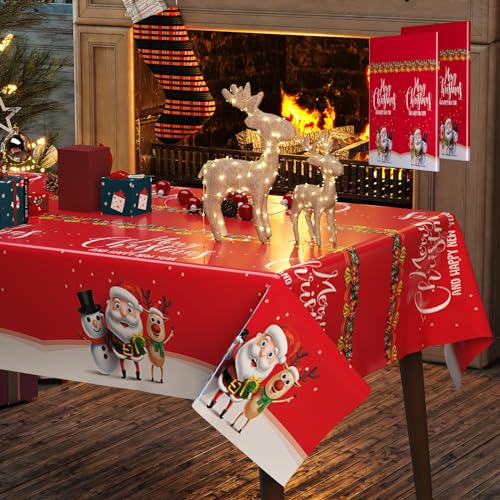 Fibevon Christmas Tablecloths, 2-Pack Rectangular Disposable Tablecloth 54 by 110 inch Premium Table Covers with Elk Snowman and Santa Claus Plastic Tablecloth for Christmas Decoration