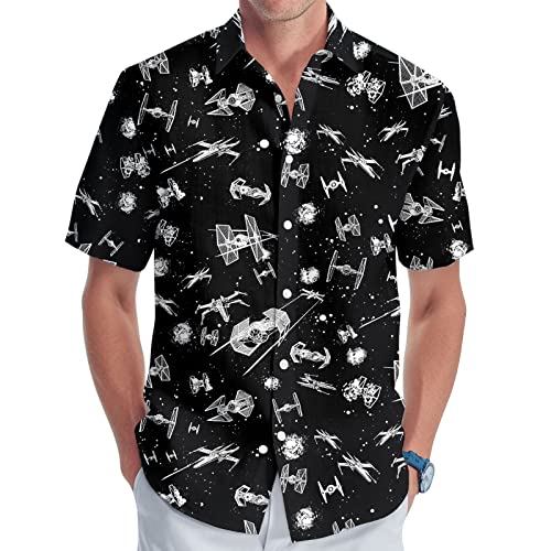 Funny Men's Button Shirt, Summer Casual Hawaiian Shirt for Unisex, Short Sleeve T-Shirt for Women, Black Spaceships (Medium)