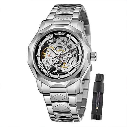 Tiong Men's Watch Automatic Skeleton Mechanical Luminous Waterproof Watch, Waterproof Stainless Steel Skeleton Mechanical Watches for Men-(Silver)
