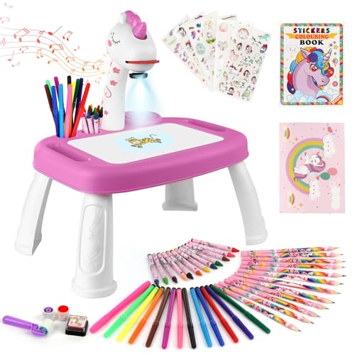 Unicorn Drawing Projector, Arts and Crafts for Girls, Contains Drawing Board with Music, Watercolor Pens, Pencils, Crayons, Scrapbook, Sticker Book, Unicorn Stickers, Stamps, Toys for Girls Age 3+