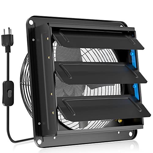 HG Power 10 Inch Shutter Exhaust Fan with Mesh Screen, 647CFM Low Noise Shed Exhaust Fan for Ventilation Use, 10' Silent Wall Mounted Extractor Fan for Basement, Gable, Chicken Coop, Black