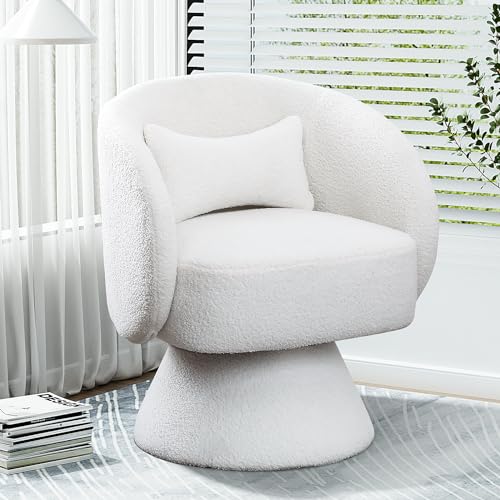 Nolohoo Swivel Barrel Chair, Upholstered Swivel Chair for Living Room, 360 Degree Boucle Swivel Chair, Modern Round Accent Armchair for Bedroom, Reading Room, Office (White, Teddy)