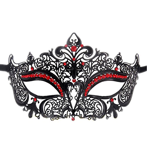 Seglorwy Womens Masquerade Mask Metal Rhinestone Venetian Halloween Christmas Party Evening Prom Mask (Black+Red)