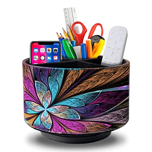 WEEMAGIC Remote Control Holder Round Leather Art Supply Organizer, PU Leather Pencil Stationery Desk Storage Makeup Organizer for Heater Controllers TV Remotes, 4 Compartments, 360 Degree Spinning