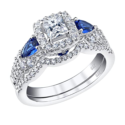SHELOVES Princess Pear Blue Sapphire Sterling Silver Engagement Ring Wedding Ring Set for Women 7