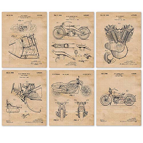 Vintage Harley Davidson Patent Prints, 6 (8x10) Unframed Photos, Wall Art Decor Gifts Under 20 for Home Office Man Cave Garage Shop College Student Teacher American Motorcycle Bike Touring Fan