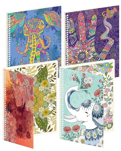 Stress Relief Adult Coloring Book Set of 4, Spiral Bound Coloring Book with Mandala, Animals, Oceans and More, Relaxing Gift for Women and Men. Yellowish Paper is Comfortable for The Eyes