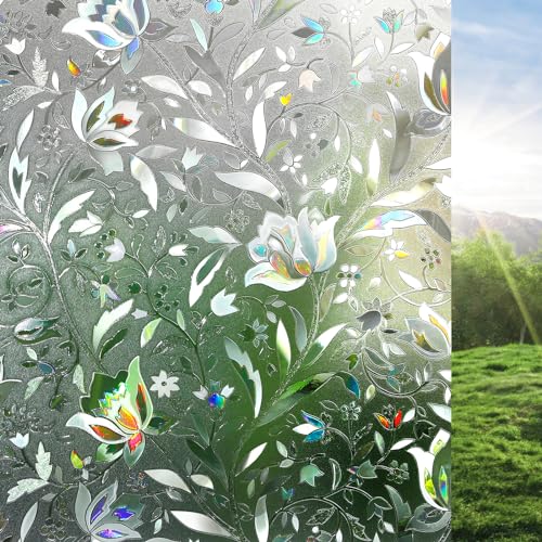 rabbitgoo Window Privacy Film, Decorative Stained Glass Window Film, Sun Blocking Window Clings, Renter-Friendly Static Cling Frosted Window Sticker Covering for Home, Rainbow Tulip 17.5' x 78.7'