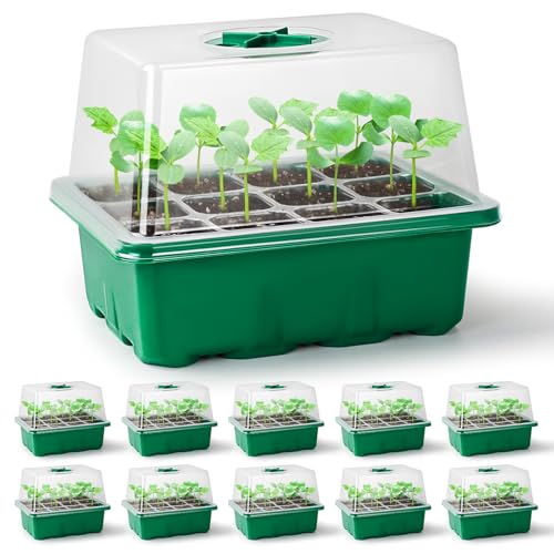 Bonviee 10 Packs Seed Starter Tray with Elevated Lid, 120 Cells Thicken Seed Starting Trays Kit with Adjustable Humidity Vent, Clear Cell Tray and Heightened Lids for Greenhouse & Gardens, Green