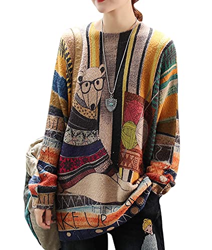 YESNO Women Sweater Graphic Oversized Pullover Sweaters Casual Loose Long Sleeve Knit Tops 2XL S01 CR31