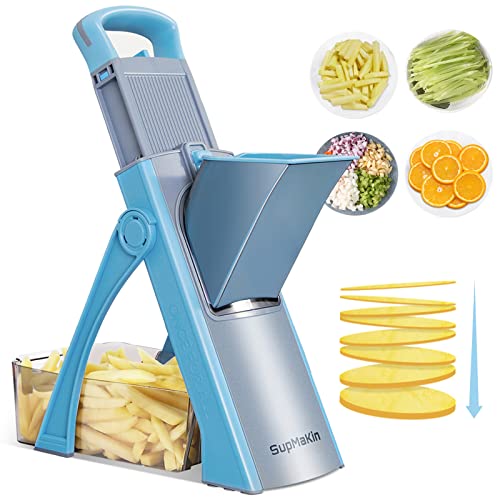 SUPMAKIN Upgrade Safe Mandoline Slicer, Adjustable Potato Slicer, Vegetable Food Slicer & Chopper, French Fry Cutter, Detachable Easy to Clean Kitchen Chopping Artifact (Blue)