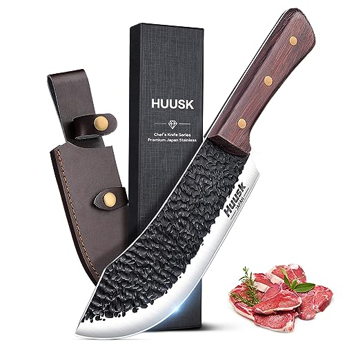 Huusk Knives Meat Cleaver Knife - 7' Butcher Knife for Meat Cutting - Hand Forged Meat Knife - High Carbon Chopping knife with Ergonomic Handle - Ultra Sharp Kitchen Chef Knives for Home Outdoor BBQ