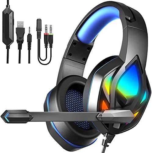 Donerton Gaming Headset, Over-Ear Gaming Headphones with Noise Canceling Mic, Stereo Bass Surround Sound, LED Light, Soft Memory Earmuffs PS4 Gaming Headset Compatible with PC, Laptop,Tablet