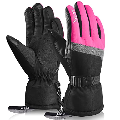 MCTi Ski Gloves,Winter Waterproof Snowboard Snow 3M Thinsulate Warm Touchscreen Cold Weather Women Gloves Wrist Leashes Rose Red Small