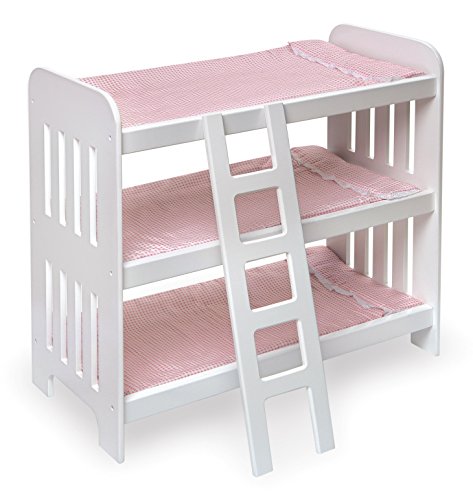 Badger Basket Toy Doll Triple Doll Bunk Bed with Ladder, Bedding, and Personalization Kit for 20 inch Dolls - Pink Gingham
