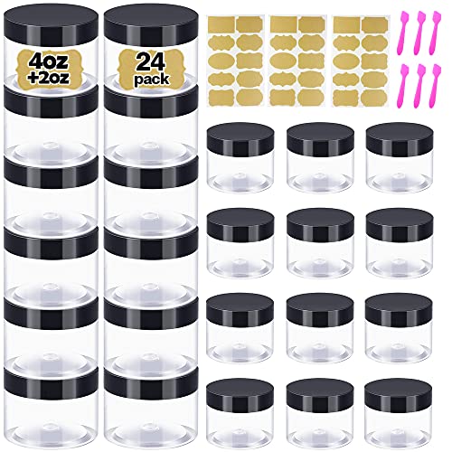 4 oz Body Butter Containers with Lids + 2oz Small Plastic Containers with Lids (Set of 24) Plastic Jars with Lids Cosmetic Jar - for Lip Scrub, Cream, Slime, Craft Storage