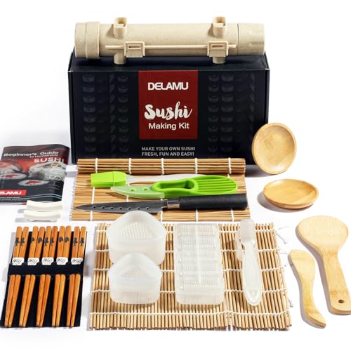 Delamu Sushi Making Kit, Upgrade 22 in 1 Sushi Maker Bazooker Roller Kit with Bamboo Mats, Chef's Knife, Triangle/Nigiri/Gunkan Sushi Rice Mold, Chopsticks, Sauce Dishes, Rice Spreader, User Guide