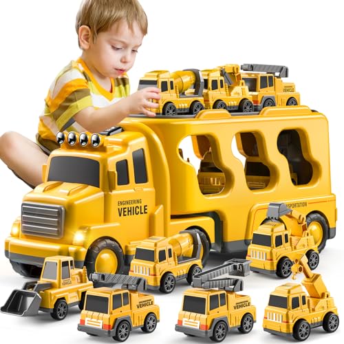 TEMI Construction Truck Toys Cars for Toddlers 3-5 - 7-in-1 Friction Power Vehicle Toy 3 4 5 6 Year Old Boys, Carrier Transport Trucks Kids Years, Car Set Age 3-9 Boys & Girls