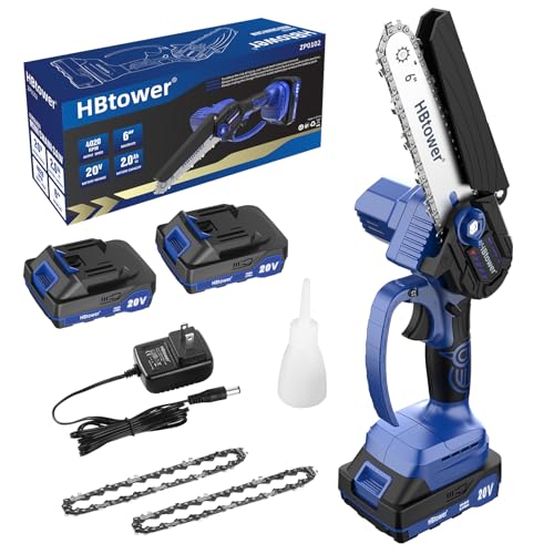 HBtower Cordless Mini Chainsaw - 6' Electric Handheld Power Chain Saw with Safety Lock and 2 Rechargeable 20V 2000MAH Batteries. Ideal for Tree Trimming, Branch Pruning, and Wood Cutting.