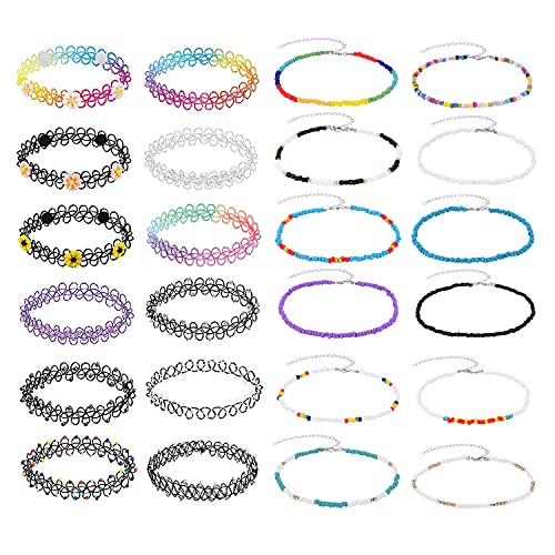 BodyJ4You 24PC Tattoo Choker Necklace Set - 90s Accessories Women Teen Girls Kids - Vibrant Multicolor Bohemian Hippy Beads Stretchy Jewelry - Summer Style Gift Idea