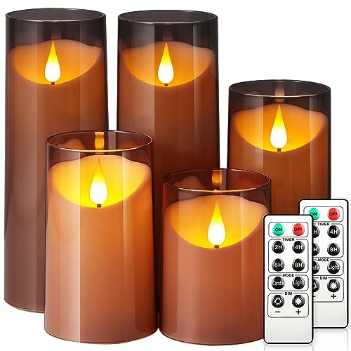 NURADA Flickering Flameless Candles: Acrylic LED Pillar Candles Battery Operated with Remote and Timer Imitation Glass Candle for Home Table Bathroom Decor, Gray, Pack of 5 (D 3'×H 4' 5' 6' 8' 8')
