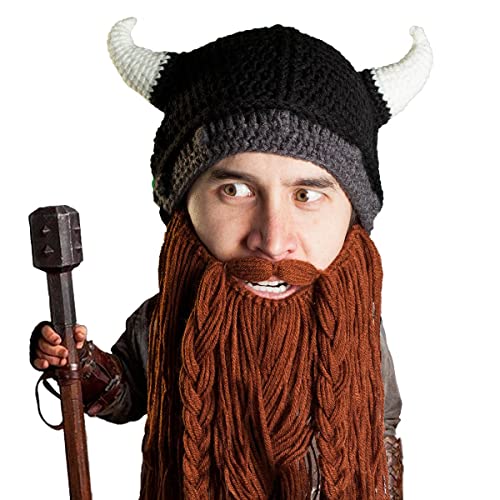 Beard Head Viking Pillager - Original Handmade Knit Helmet and Removable Brown Beard