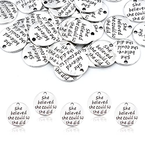 JIALEEY 30pcs Alloy She believed she could so she did DIY Message Charms Pendant for Crafting Bracelet Necklace Jewelry Making Accessory, Antique Silver Round