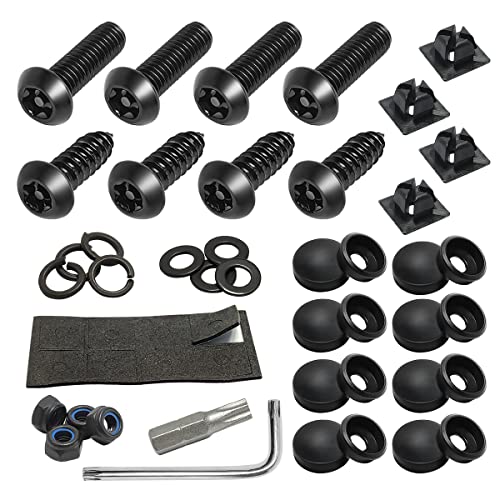 YALOK Anti Theft License Plate Screws Kits- Rustproof Stainless Steel Car Tag Plate Mounting Hardware, M6 (1/4') Tamper Proof Fastener Nut, Caps Cover for Front Rear Frame Holder Mounting（Black-Set1）