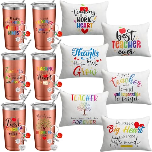 Nitial 6 Sets Teacher Appreciation Gifts Bulk 20 oz Teacher Tumblers Makeup Bags Keychains for Women Teachers Christmas(Rose Gold, Novelty Style)