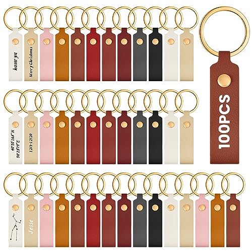 Wavyknot 100 Pcs Leather Key Fobs Kit Blanks DIY Laser Engraving Keychain for Leather Keychain Making Supplies (Multicolor,3.7 x 0.7 Inches)