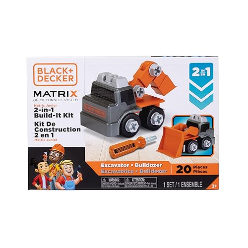 Black+Decker Matrix Jr.Kids Boys Play Tools 2-in-1 Build-It Kit: Excavator and Bulldozer 20 Piece Playset