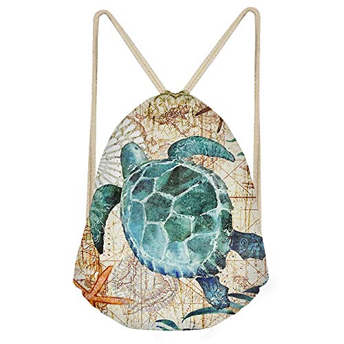Children Drawstring Backpack Gymbag Sea Turtle 3D Design Outdoor Travel Storage