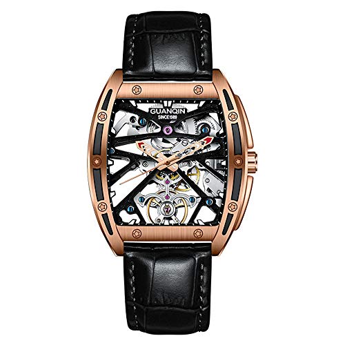 GUANQIN Mechanical Stainless Steel Leather Rubber Band Skeleton Waterproof Luminous Automatic Self-Winding Wrist Watch (Rose Gold Black)