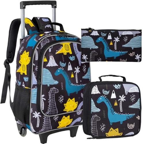 AGSDON 3PCS Kids Rolling Backpack, Boys Roller Wheels Bookbag, Wheeled School Bag with Lunch Bag - Dinosaur