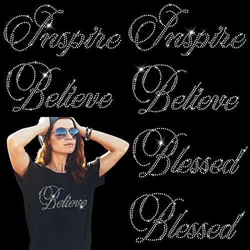 6 Pieces Blessed Inspire Believed Bling Iron on Rhinestone Crystal T Shirt Transfer Rhinestone Iron on Transfers for Bride Clothing Designs Labels, 3 Styles